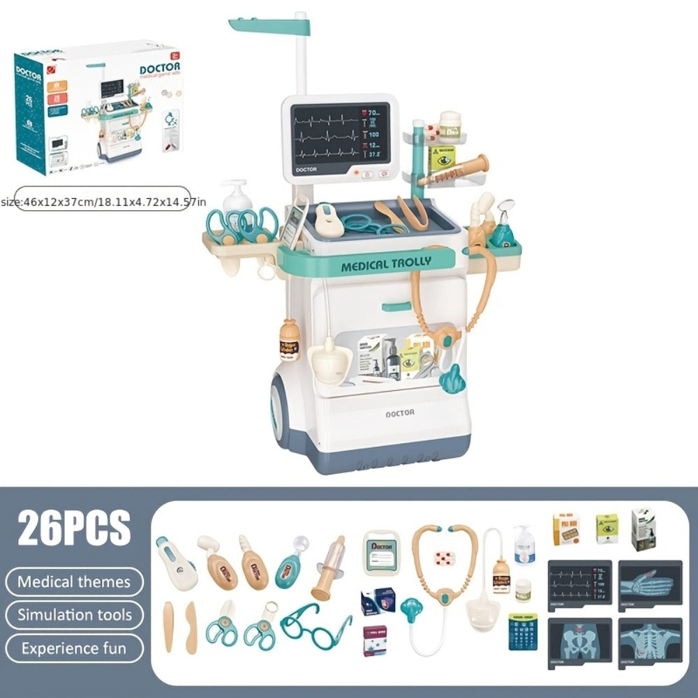 25-Piece Pretend Doctor Cart Play Set with Fold-Open Case, Display Panel and Toy Examination Accessories