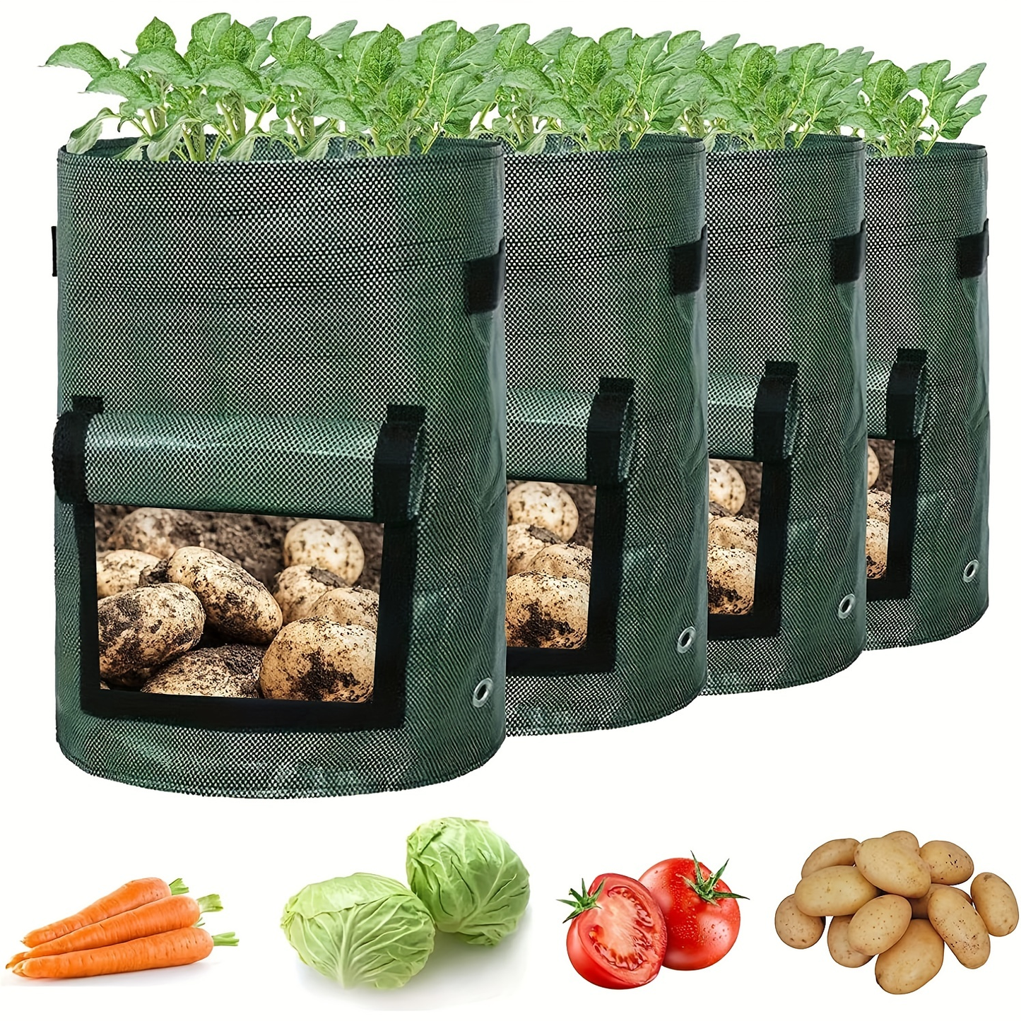 Potato Grow Bags with Harvest Flap & Handles 4pcs 7 Gallon | No-Dig Harvest Window | Vegetable Planter for Potatoes Onions Tomatoes Carrots Indoor Outdoor