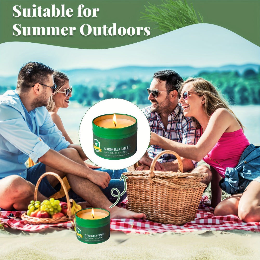 Citronella-Labeled Candle Six-Pack with 4.4 oz Green Round Tins, Gold-Tone Lids and Single-Wick Format