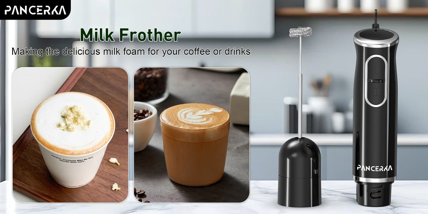 Black 8-in-1-Labeled Immersion Blender Set with 600ml Chopper, Dough Hooks, Whisk and Frother