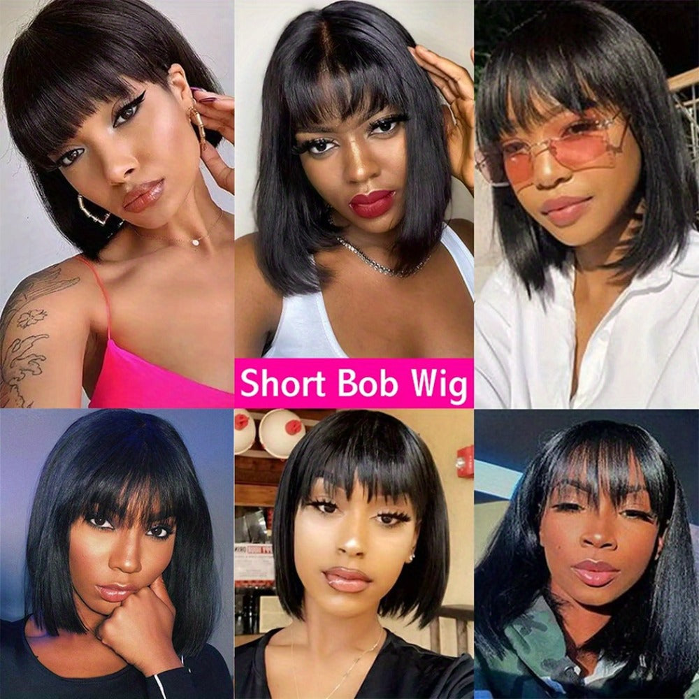 Brazilian Human Hair Bob Wig No Glue 200% Density Full Machine Made Straight with Bangs for Women | Natural Black 8 10 12 16 Inch | Glueless Beginner Friendly