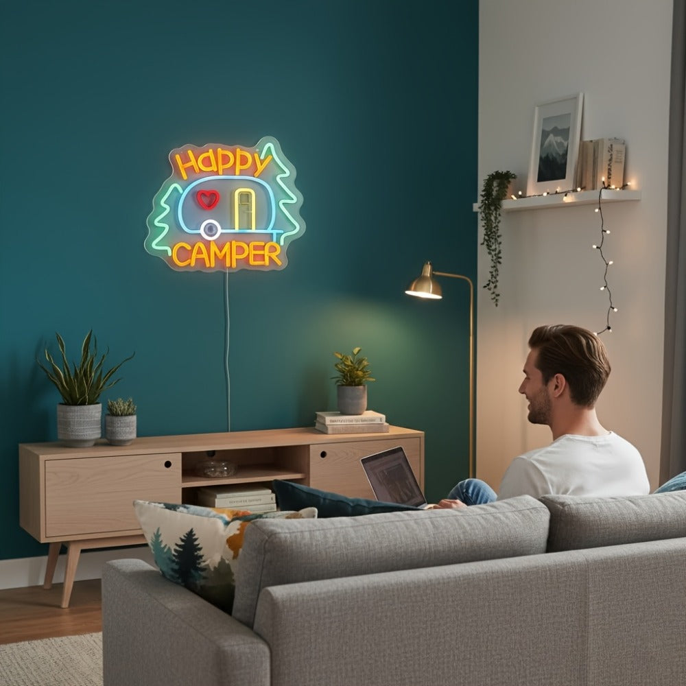 Happy Camper Multicolor LED Neon Sign with RV Motif, 32.5 x 27 cm Panel and Wall-Mount Display