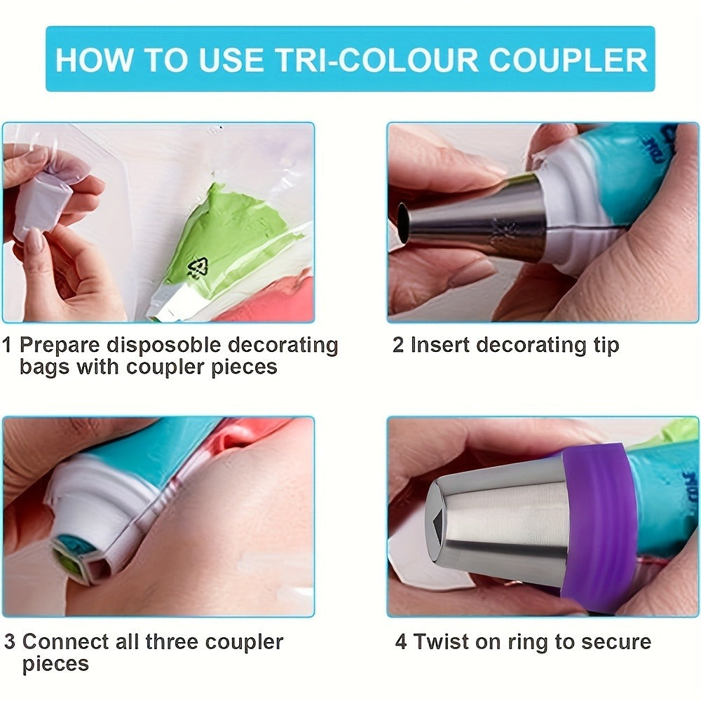 Russian Piping Nozzle Set 121pcs, 12 Flower Icing Tips, 2 Leaf Piping Tips, 2 Couplers and 100 Piping Bags