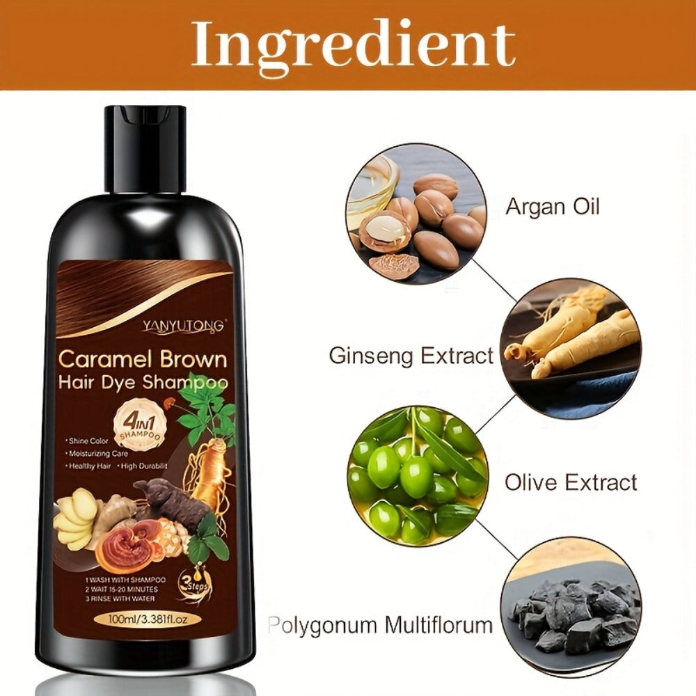 Hair Color Shampoo, YANYUTONG 4-in-1 Caramel Brown Two-Bottle Set with 3.38oz in Each Bottle