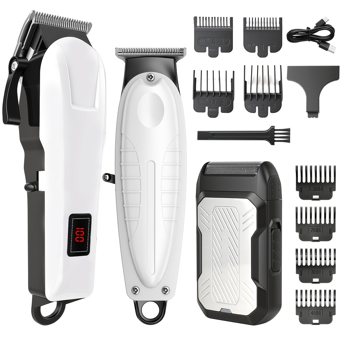 Hair Clippers & Trimmers White Grooming Set with LCD Screens, USB-C Charging and One, Two or Three Pieces
