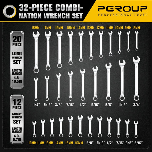 Combo Wrench Set SAE & Metric – CR-V Steel, Mirror Chrome Polished, Open & 12-Point Box Ends, Long & Short Reach, 14pc Metric (6-19mm) / 14pc SAE (1/4"-15/16") / 32pc Full Set