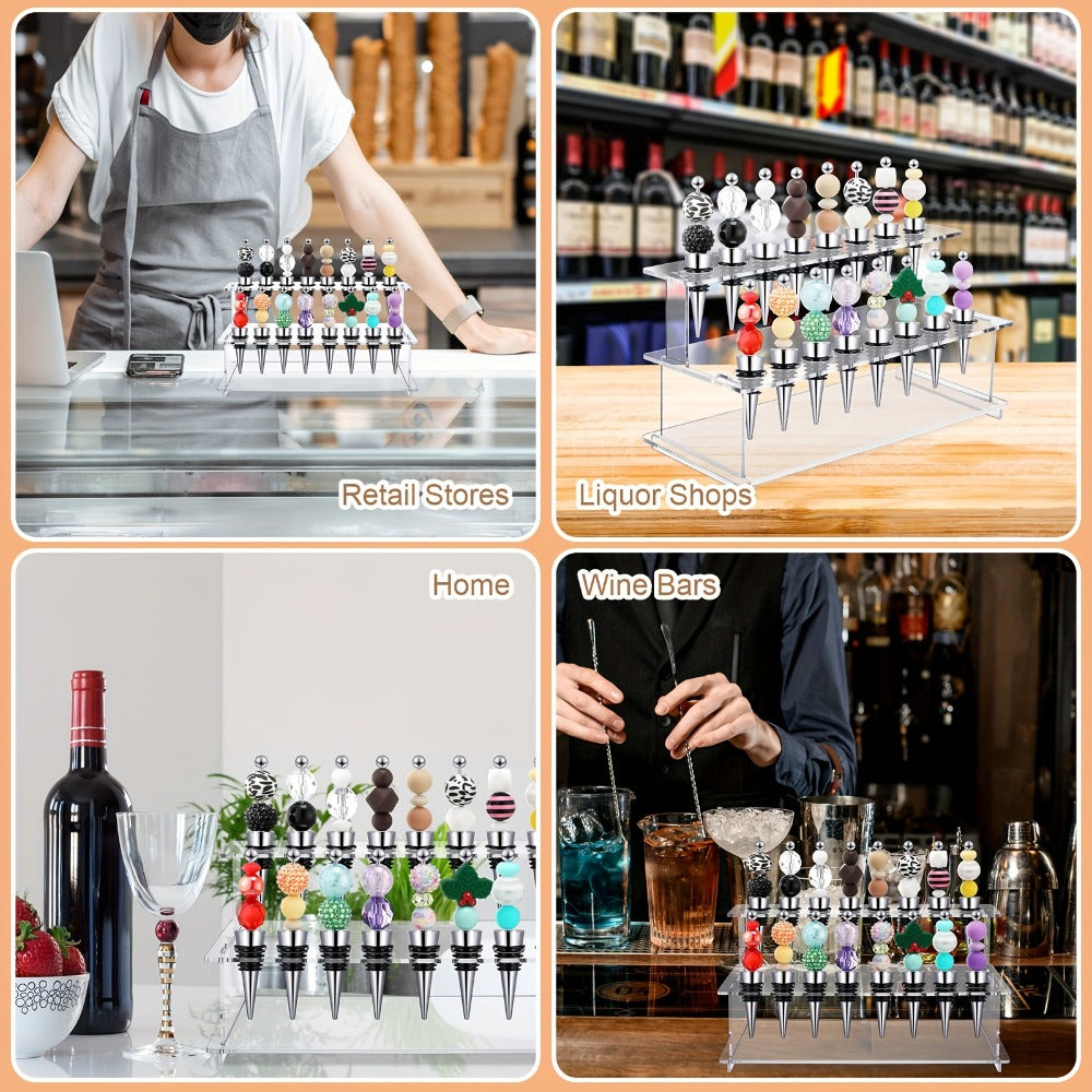 Twenty-Piece Beadable Wine Bottle Stopper Set with Silver-Tone Stems and Clear Two-Tier Display Rack