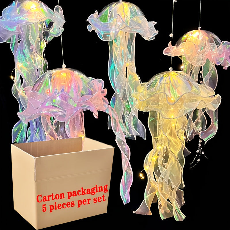 Five-Piece Illuminated Jellyfish Hanging Decoration Set with Translucent Crystal-Style Ribbons