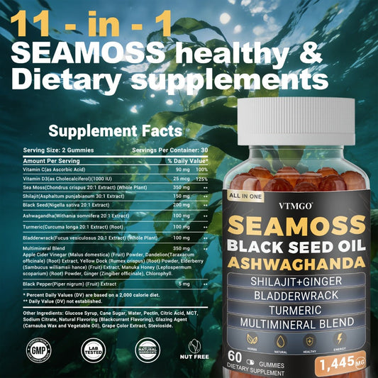 Sea Moss Gummies 1445mg with Shilajit Black Seed Oil Ashwagandha Elderberry Chlorophyll Turmeric Bladderwrack Ginger — 8-in-1 Antioxidant Superfood Supplement for Immunity Energy Gut Health & Wellness 60 Count