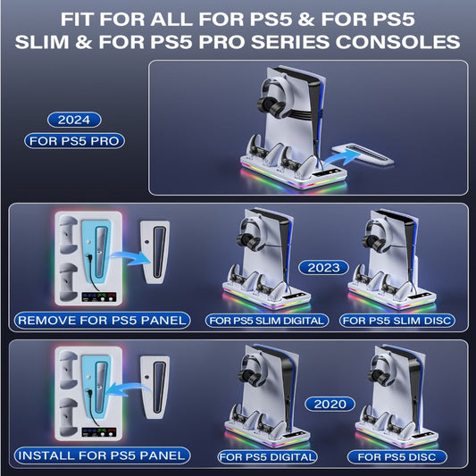PS5 Cooling Stand with Dual Controller Charging Dock – Compatible with PS5/Slim/Pro Standard & Digital Edition, 3-Speed Fan, 10 RGB Lights & USB Hub, PlayStation 5 Gaming Accessories
