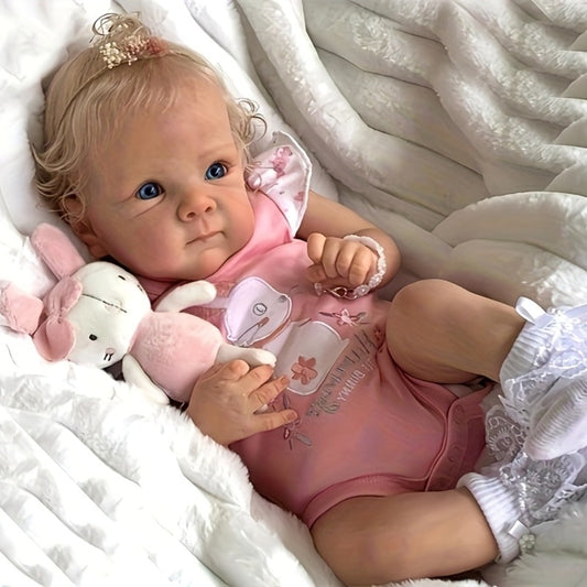 Reborn Doll, 22-Inch Full-Vinyl Open-Eye Figure with Hand-Rooted Hair and Pink Clothing Set