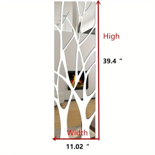3D Mirror Tree Acrylic Wall Sticker – Removable Reflective Wall Decal for Living Room, Bedroom, TV Wall & Sofa Area | Glossy Silver Mirror Finish Wall Art Decor | 1000x280mm