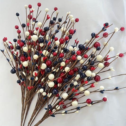 Artificial Berry Branches Red White Blue Patriotic Decor – 5pcs Fake Plastic Stems for Home Tabletop Vase Floral Arrangement Fourth of July