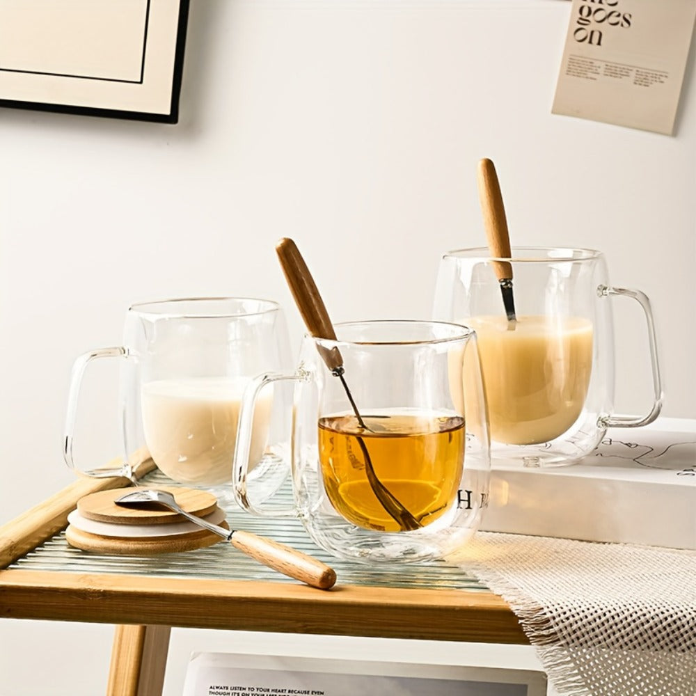 Four-Piece Double-Wall Glass Coffee Cup Set with 350 ml Capacity, Wooden-Style Lids and Spoons