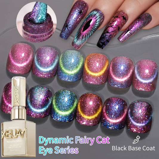 Cat Eye Gel Polish Set 6 Colors Holographic Magnetic — Dynamic Elf Reflective Soak Off UV LED Nail Gel 0.51oz Each | Multidimensional Light-Shifting Sparkle for Salon & Home Nail Art | Long-Lasting Chip-Resistant