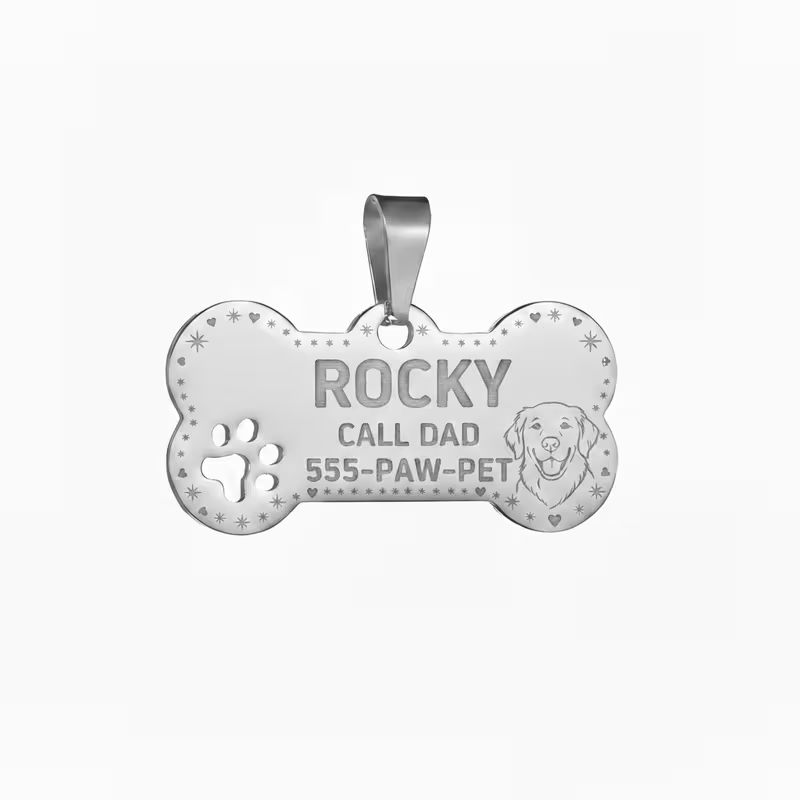 Personalized Cuban Chain Dog Collar with Engravable Bone ID Tag in Three Finishes and Sizes S to 4XL
