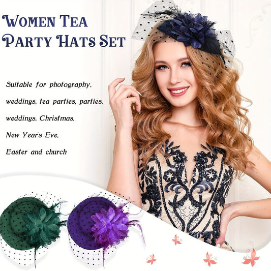 Fascinators & Mini Hats - Fascinator Set of 6 Feather Pillbox Hat with Clip Veil Flower for Women - product detail view 2