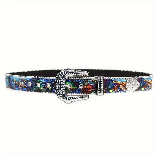 Fashion Belt - Diamond Sea Turtle Print Y2K Luxury Rhinestone Embellished Unisex - product detail view 2