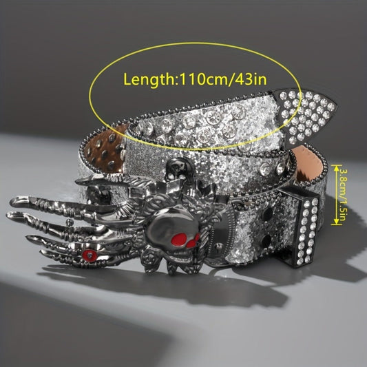 Fashion Belt - Punk Skull Unisex Rhinestone Embellished Faux Leather with Zinc Alloy - product detail view 2