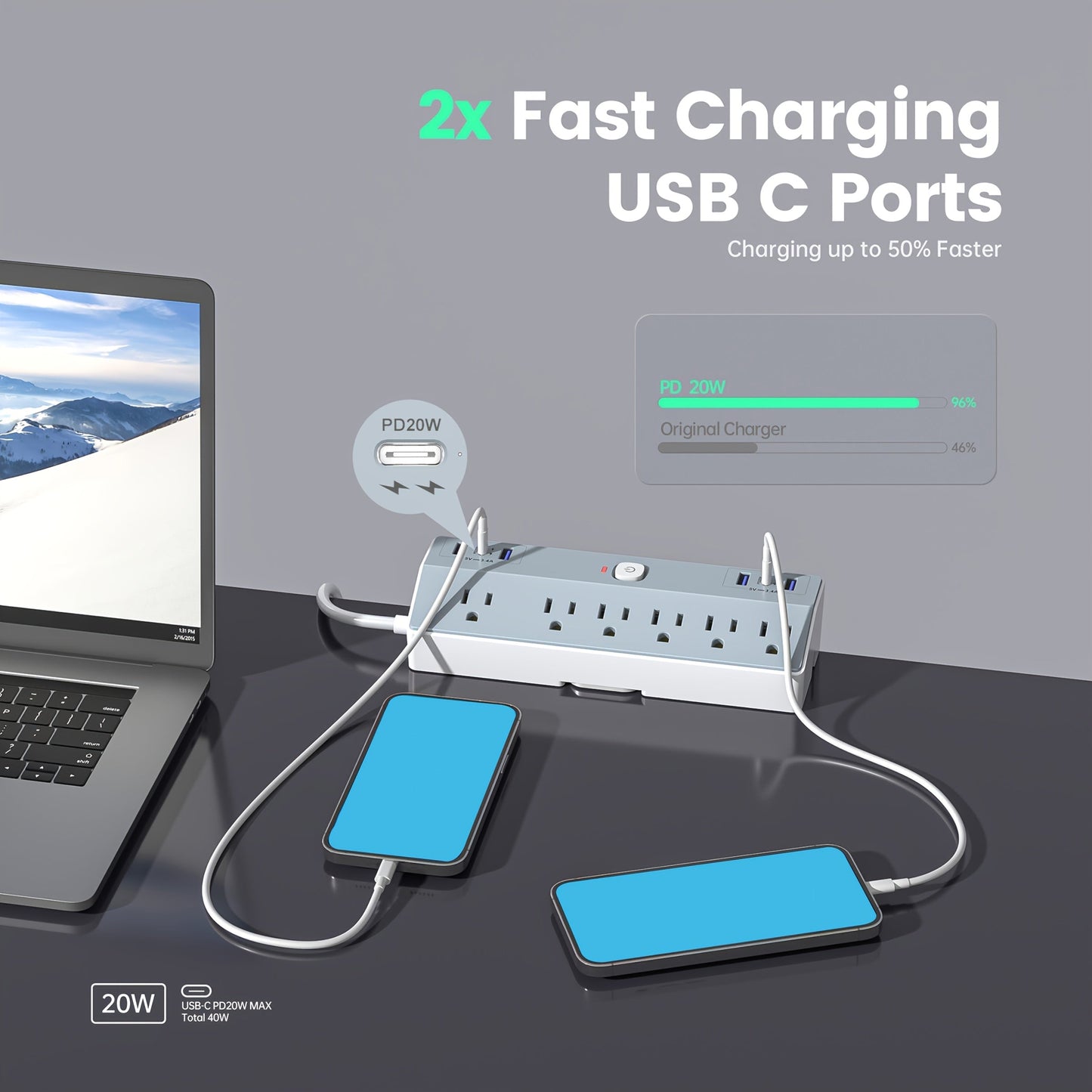 Desk Clamp Power Strip 12-in-1 Surge Protector with 6 Outlets 4 USB-A 2 USB-C PD 20W 40W Fast Charging Desktop Mount Flat Plug for Home Office Tabletop