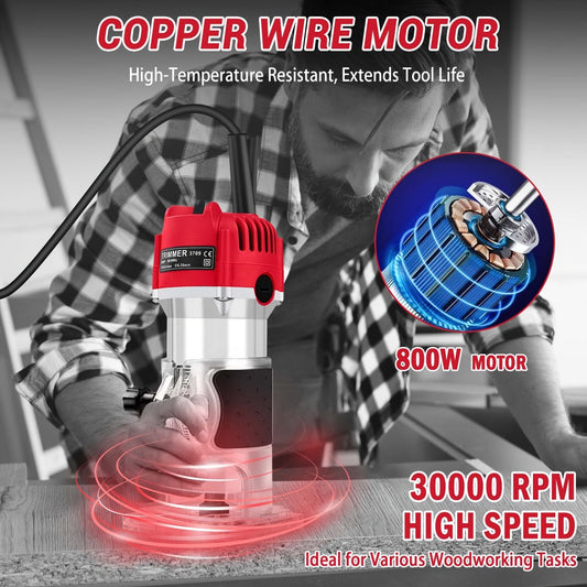 Wood Router 800W Compact Electric Router Tool - 30000 RPM with 15pcs 1/4" Router Bits for Woodworking, Trimming, Carving & Engraving