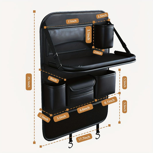 Car Seat Back Organizer PU Leather - Foldable Dining Table, Cup Holder, Multi-Pocket Storage Bag, Universal Fit Back Seat Travel Organizer for Kids & Passengers, 1pc or 2pc Set