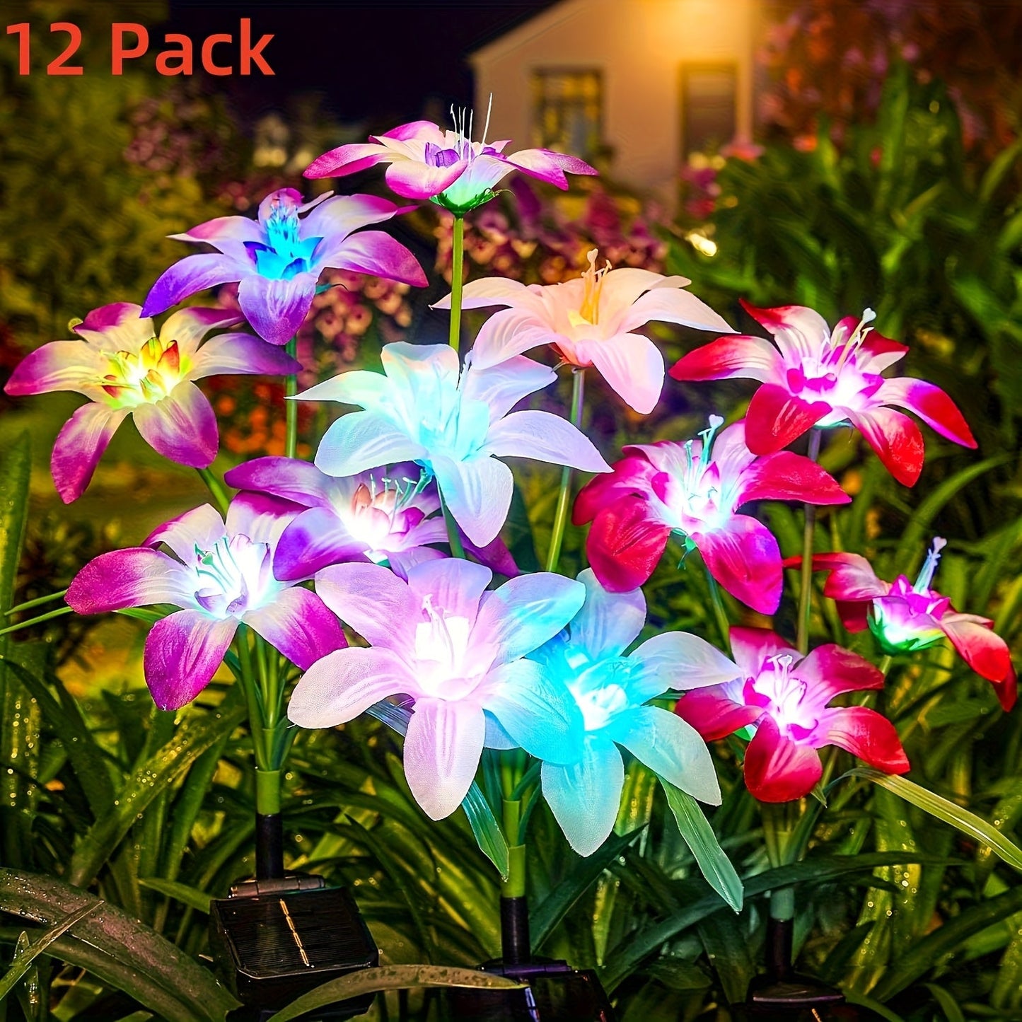 Solar Garden Light Blooming Lily Stakes with 7-Color LEDs and 2, 4 or 12-Pack Options for Outdoor Garden Decor