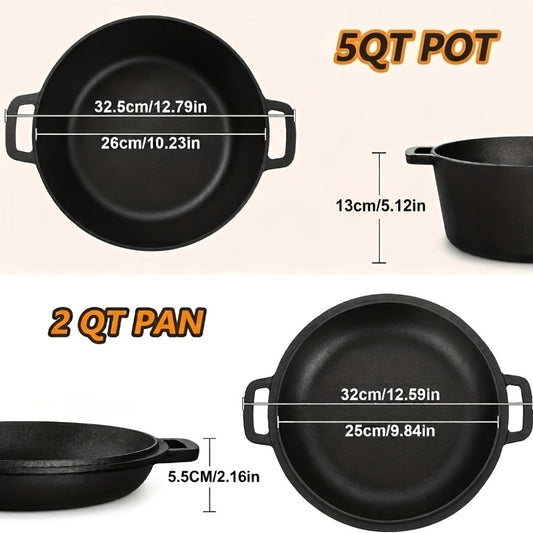 Cast Iron Dutch Oven Set 5.1QT & 7QT with Skillet Lid – Pre-Seasoned 2-in-1 Cookware for Stovetop, Induction, Oven, Campfire & BBQ, Sourdough Bread Baking, Frying, Camping