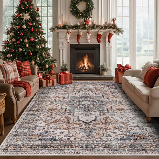 Area Rug Bohemian Retro Design in Beige or Grey with Six Foldable Machine-Washable Room Sizes