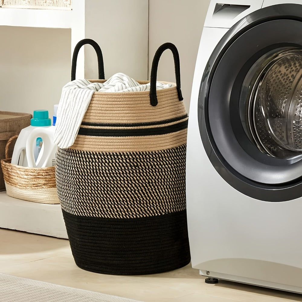 Tall Bohemian Rope Laundry Hamper with Extended Handles, Tassel Detail and Exact Black-and-Brown Option