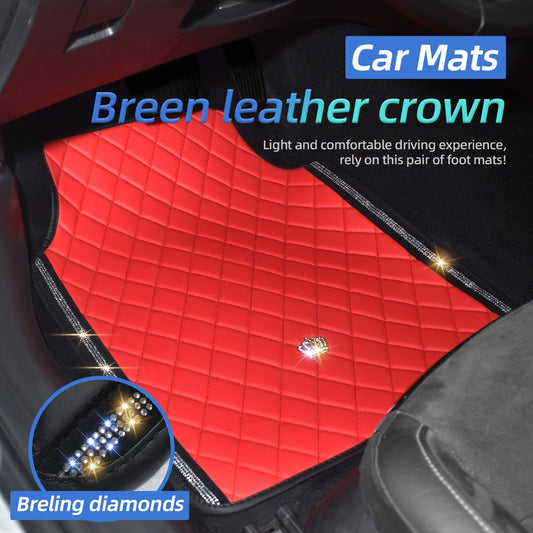 Luxury Car Floor Mats PU Leather Rhinestone Crown Embroidery – Glitter 3D Embossed Foot Pad, Easy Clean, Unisex, Red & Black
