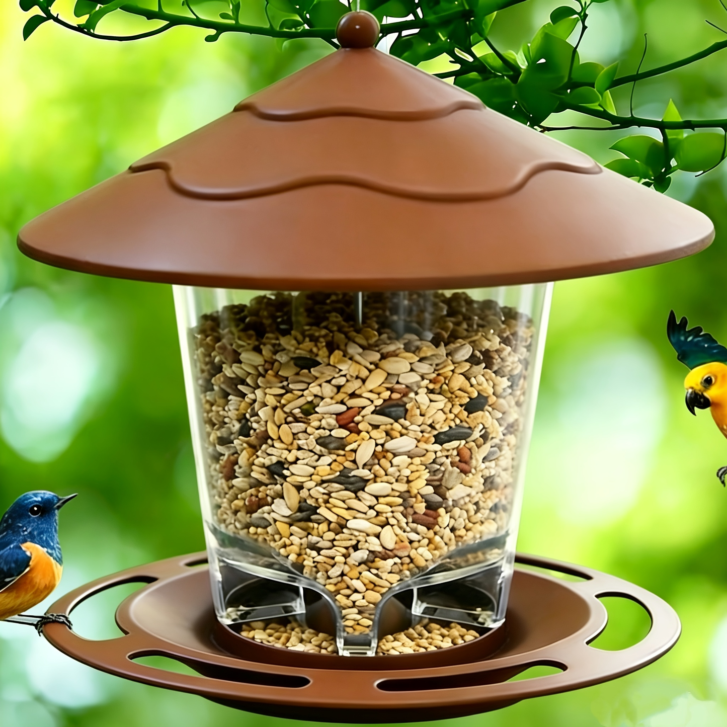 Hanging Bird Feeder with Tiered Roof, Clear Seed Chamber and Brown, Grey or Green Finish Options