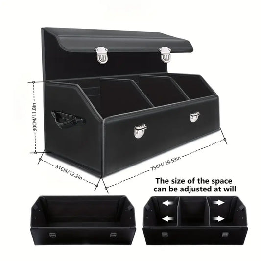 Car Trunk Organizer with Multi Compartments – PU Leather Foldable SUV Cargo Storage Box, Adjustable Dividers, Grocery & Travel Organizer