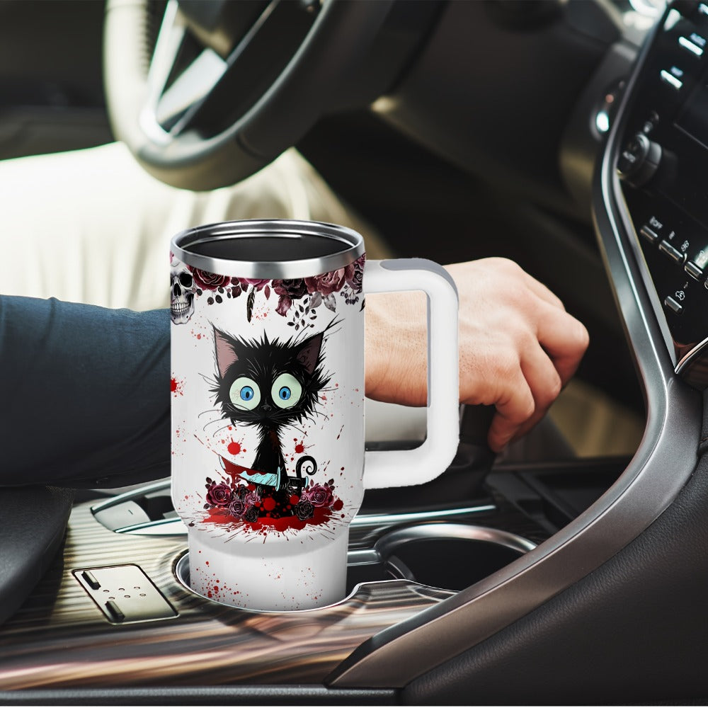 Insulated Tumbler 40oz Halloween Horror Cat Graphic with Stainless Steel Handle, Lid and Straw