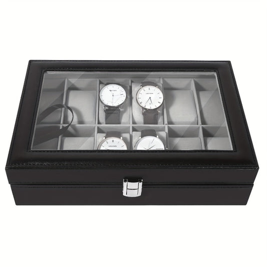 Watch Box Organizer 12 Slot PU Leather, Watch Display Case with Glass Lid Removable Pillow Metal Clasp, Jewelry Box Gift for Him Her Valentine's Day Birthday Christmas
