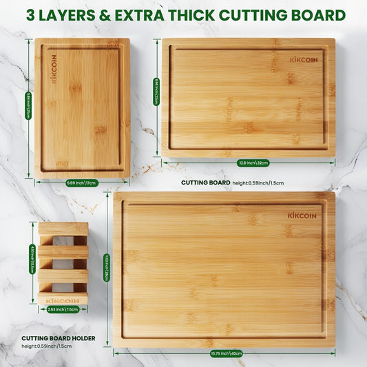 Bamboo Cutting Board Set 4pcs with Rack Juice Groove Knife Friendly Oversized Kitchen Chopping Boards for Meat Vegetables Fruit Multifunctional Gift for Family