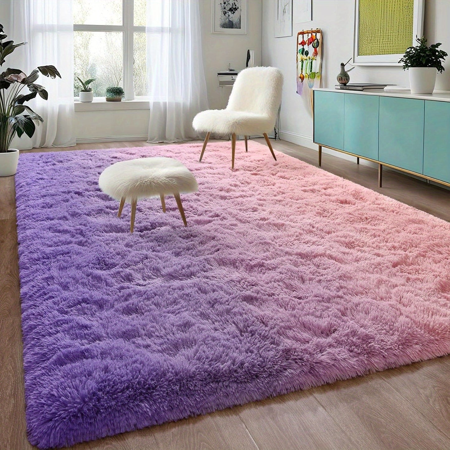 Area Rug Gradient Polyester Plush Mat in Seven Colors and Three Machine-Washable Room Sizes