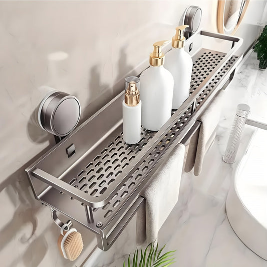 Suction Cup Shower Caddy with Towel Holder Bar, Wall-Mounted Bathroom Shelf Organizer for Shampoo Soap, Heavy-Duty Floating Shower Shelves, Strong Adhesive No Drilling