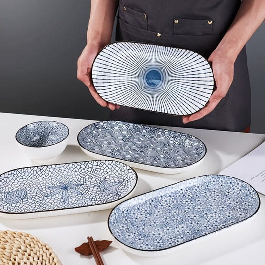 Japanese Blue White Porcelain Fish Plates Set of 4 – 12 Inch Ceramic Serving Plates, Microwave & Oven Safe Steaming Baking Tableware