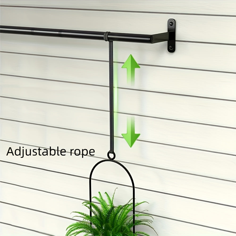 Adjustable Black Metal Hanging Plant Rack with Four Pot Holders for Wall or Window Display