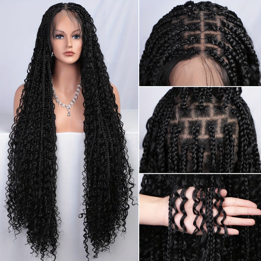 Bohemian Box Braids Wig 360 Full Lace Knotless Goddess 36 Inch Lightweight Breathable | 4 Colors Natural Black Honey Blonde Burgundy Women Daily Party Protective Style