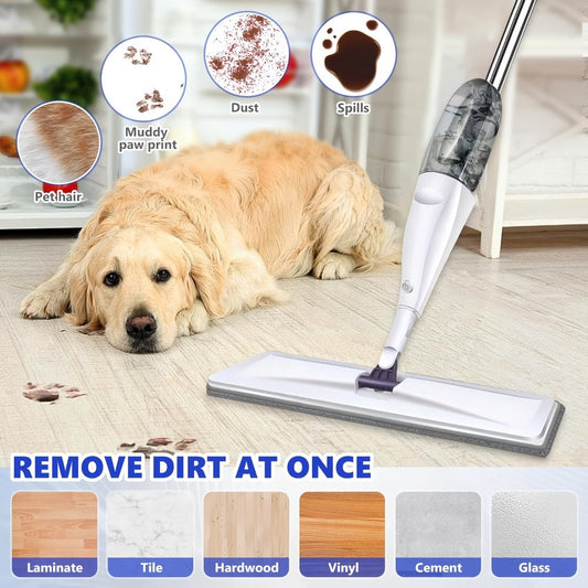 Spray Mop with 3 Washable Microfiber Carbon Fiber Pads Water Spraying Flat Mop Wet Dry Dual Use Floor Cleaning for Hardwood Laminate Tile Ceramic 4pc White