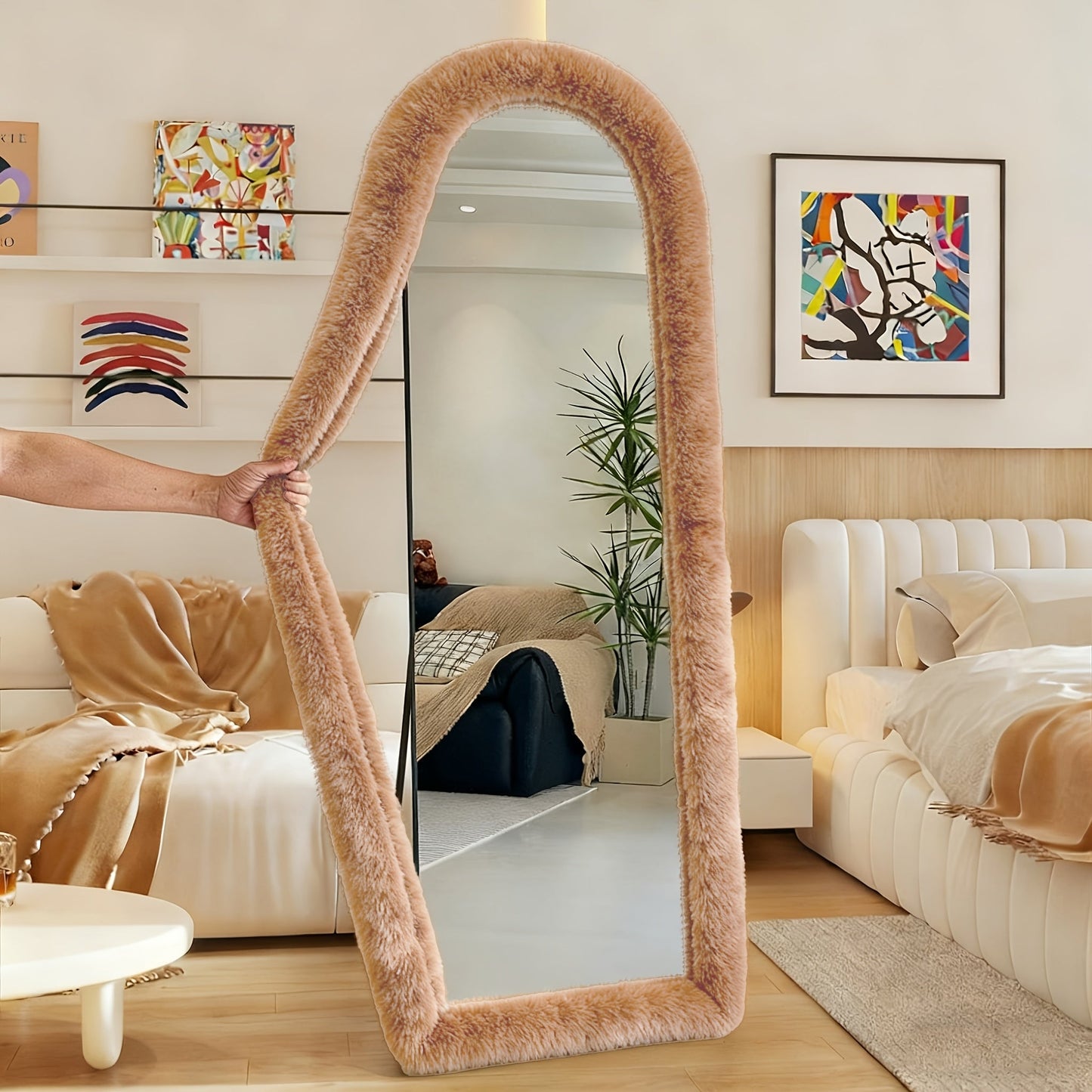 Full Length Floor Mirror Cover Fluffy Stretchable 64"x21" - Soft Non-Slip Irregular Shape Bedroom Dressing Room Mirror Sleeve 6 Colors