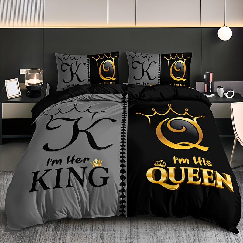 King and Queen Print Duvet Cover Set with Two Pillowcases, Three Styles and Four Bed Sizes
