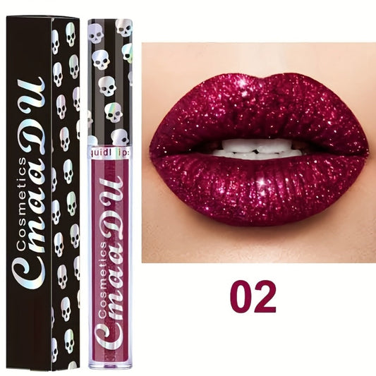 Glitter Lip Gloss Set 3pcs Skull Design Shimmer Liquid Lipstick Long Lasting Easy Remove Bold Shiny Lip Color for Music Festival Rave Party Halloween Costume Gift for Women