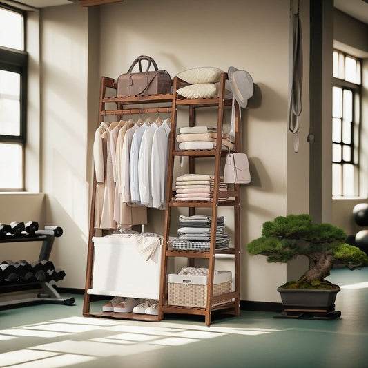 Freestanding Bamboo Clothes Rack with Storage Bag and Adjustable Shelves detail image