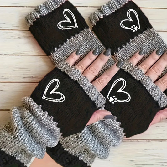 Gloves - Winter 2 Pack Heart Paw Print Embroidery Single Finger Mittens Elastic - product detail view 2