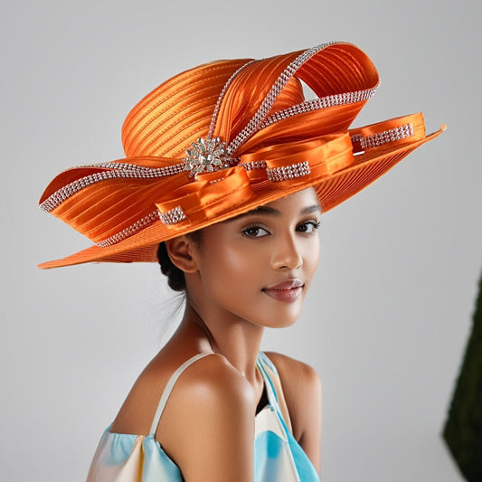 Hats - Wide Brim Ladies Church Hat - Rhinestone Decorated Elegant Women - product detail view 2