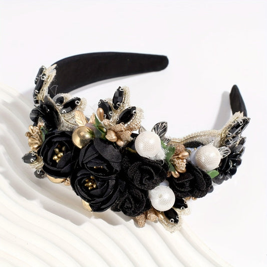 Headband for Women - Pearl Rhinestone for Baroque Floral Fabric Hair Band Sparkling Crystal - product detail view 2