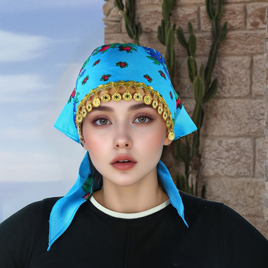 Headscarves & Bandanas - Peony Floral Headscarf with Golden Sequin Trim Lightweight Breathable - product detail view 2
